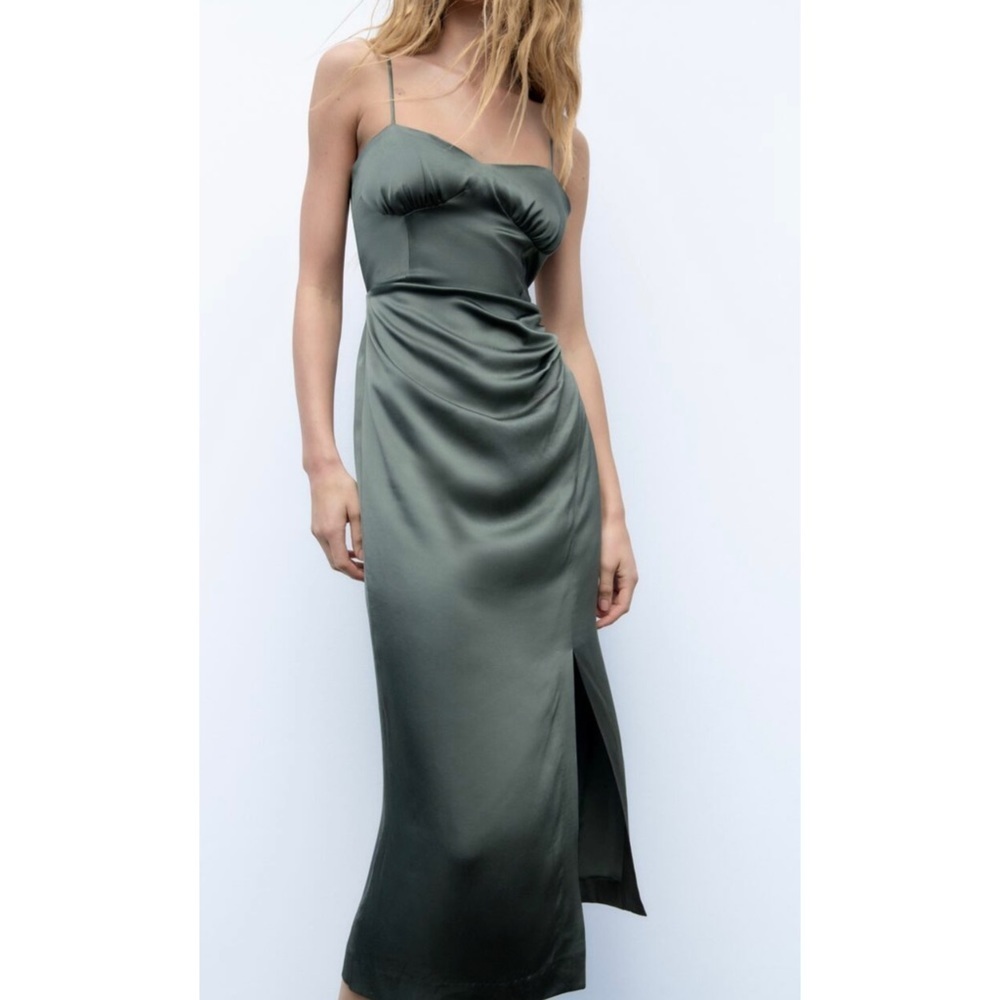 Zara dark green satin effect corset dress BLOGGERS FAVORITE!!